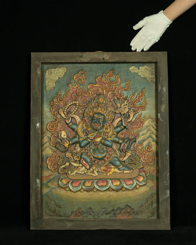 Fierce Guardian: Early Qing Mud Relief Mahākāla Thangka Wall Hanging