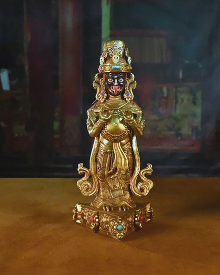 19th Century Zashi Lhamo Dharmapala God of Wealth Gilt Copper Painted Tibetan Buddha Statue From Sera Monastery