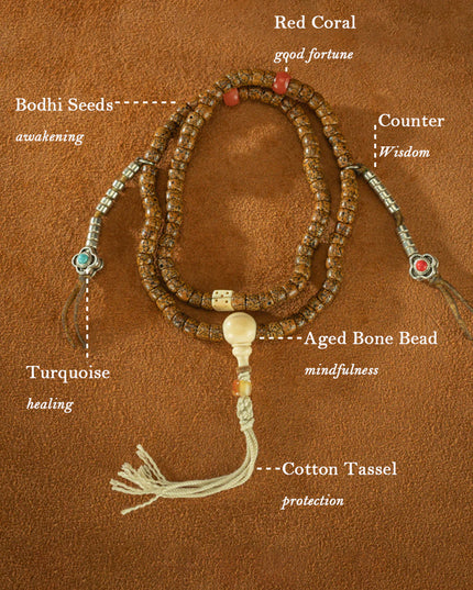 108 Beads Vintage Tibetan Bodhi Seed Bracelet with Turquoise & Silver Accents
