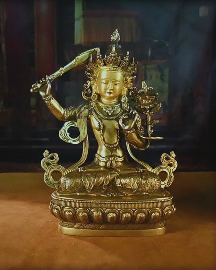 19th Century Manjusri Bodhisattva Tibet Antique Buddha Statue Yellow Lima gilt bronze Sera Monastery