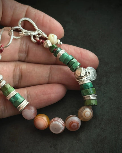 【Unique Item】 Heaven-Earth Vitality： Agate Dzi Beads Raw Turquoise Silver Bracelet