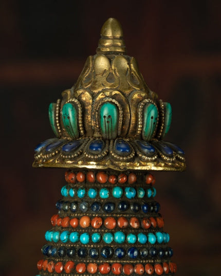 Qing Dynasty Old Kadam Pagoda Tibetan light antique full of gold and water inlaid with gems