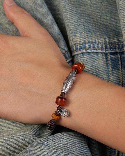 Handcrafted Woven Wax Cord Three-Eye Dzi Bead Bracelet