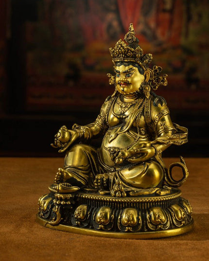 19th Century Yellow Jambhala Old Bronze Glit Antique Buddha Statue Sholdopal