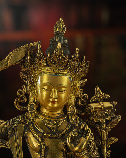 19th Century Manjusri Bodhisattva Tibet Antique Buddha Statue Yellow Lima gilt bronze Sera Monastery