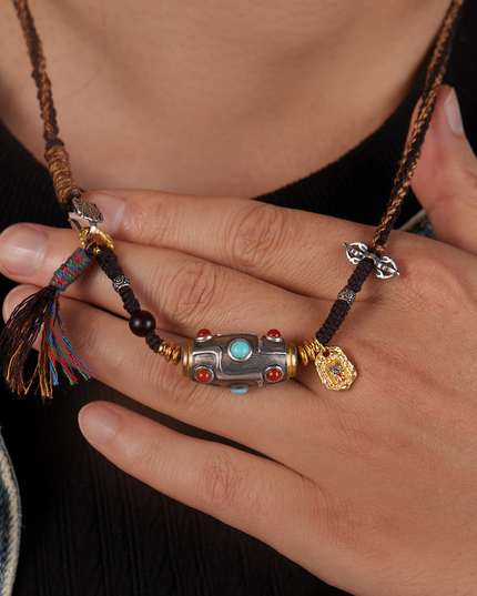 Handcrafted Woven Cord Nine-Eye Dzi Pendant