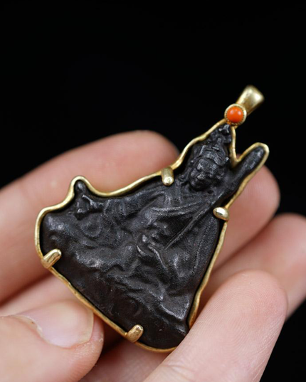 Thokcha Padmasambhava Pendant Necklace: Brass-Bordered Meteoritic Iron Amulet Artifact