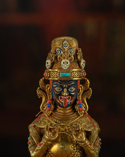 19th Century Zashi Lhamo Dharmapala God of Wealth Gilt Copper Painted Tibetan Buddha Statue From Sera Monastery