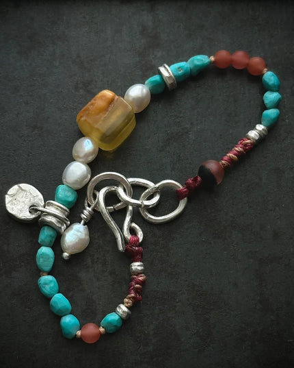 【Unique Item】 Nature's Mosaic: Raw Amber Agate  Turquoise Tibetan Pearls Silver Bracelet