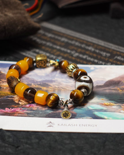 Protective Energy Three-Eyed Dzi Bead Bracelet Tibetan Vajra Silver Talisman
