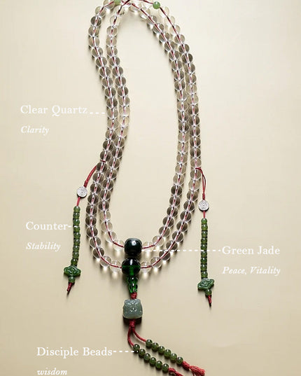 108 Mala Blessings Necklace & Bracelet – Clear Quartz & Green Jade Necklace and Bracelet