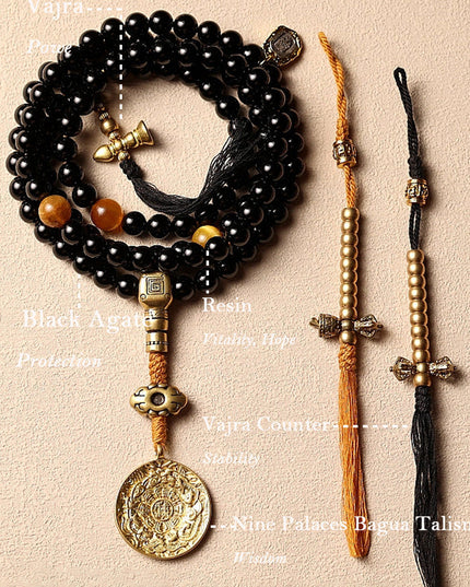 Sacred Protection Mala- Black Agate, Protective Energy, Sacred Design