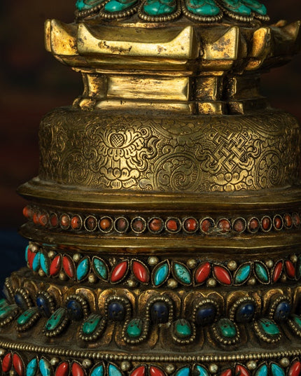 Qing Dynasty Old Kadam Pagoda Tibetan light antique full of gold and water inlaid with gems