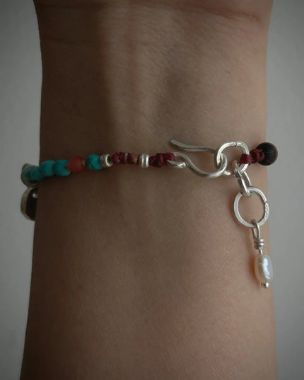 【Unique Item】 Nature's Mosaic: Raw Amber Agate  Turquoise Tibetan Pearls Silver Bracelet