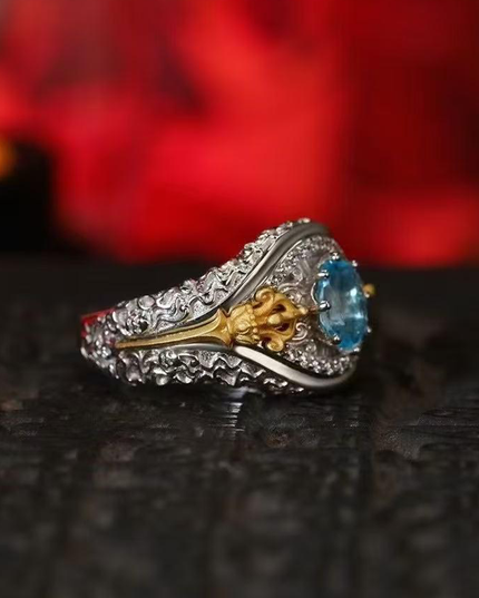 Vajra Ritual Ring: Padmasambhava's Symbol for Overcoming Obstacles & Divine Protection - Sterling Silver with  Blue Topaz