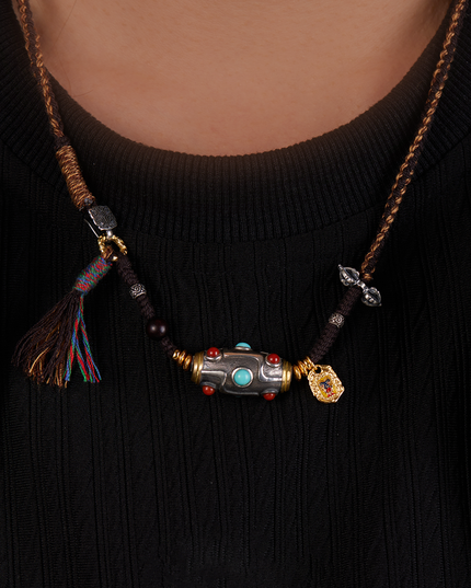 Handcrafted Woven Cord Nine-Eye Dzi Pendant
