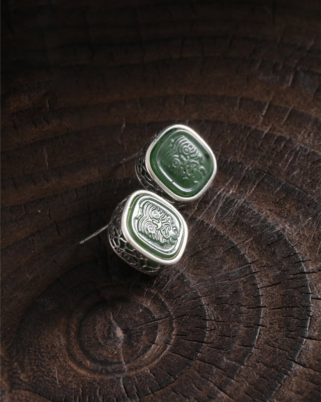 Jade Prosperity Earrings engraved prosperity symbols