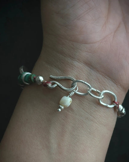 【Unique Item】 Heaven-Earth Vitality： Agate Dzi Beads Raw Turquoise Silver Bracelet