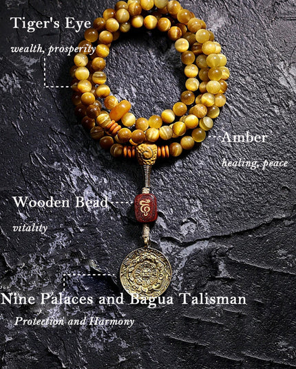 Tibetan Wealth Tiger Eye & Amber Necklace
