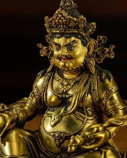 19th Century Yellow Jambhala Old Bronze Glit Antique Buddha Statue Sholdopal