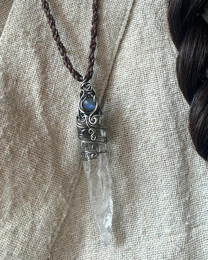 Tibetan Energy Protection White Quartz Crystal Sterling Silver Jewelry Handmade