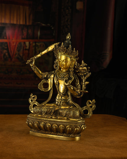 19th Century Manjusri Bodhisattva Tibet Antique Buddha Statue Yellow Lima gilt bronze Sera Monastery