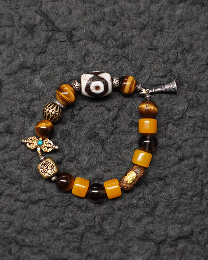 Protective Energy Three-Eyed Dzi Bead Bracelet Tibetan Vajra Silver Talisman