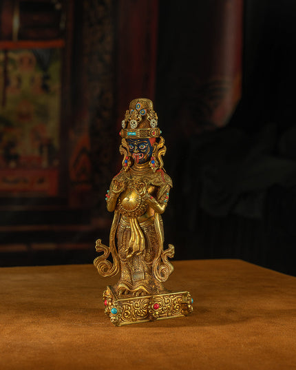 19th Century Zashi Lhamo Dharmapala God of Wealth Gilt Copper Painted Tibetan Buddha Statue From Sera Monastery
