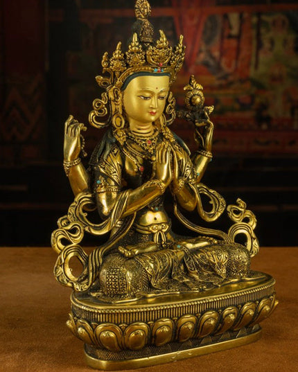 19th Century Four-armed Sadaksari Avalokitesvara Old Bronze Gilt Antigue Buddha Statue From Mindrolling Monastery