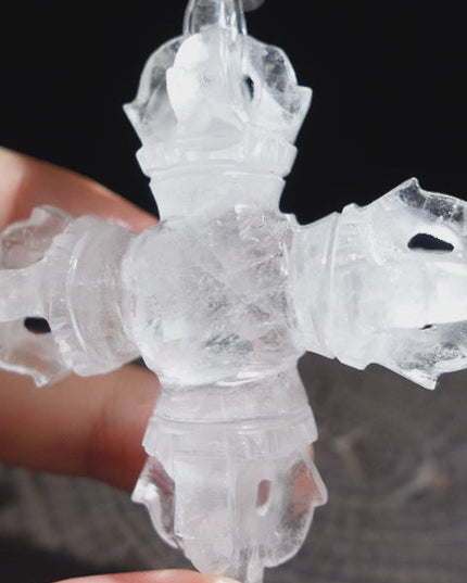 Clear Quartz Cross Dorje | Tibetan Vajra Protective Pendant