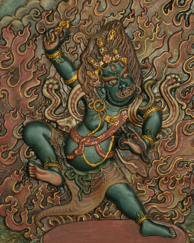 Wrathful Grace: Vajrapani Embossed Mineral Pigment Thangka Wall Art