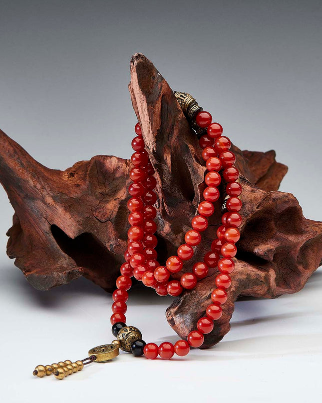 Health Energy Red Carnelian Agate and Obsidian Mala Necklace