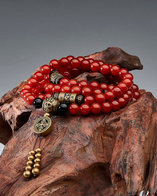 Health Energy Red Carnelian Agate and Obsidian Mala Necklace