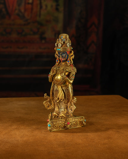 19th Century Zashi Lhamo Dharmapala God of Wealth Gilt Copper Painted Tibetan Buddha Statue From Sera Monastery