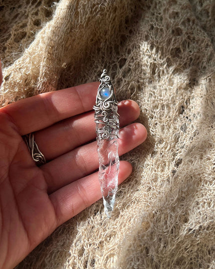 Tibetan Energy Protection White Quartz Crystal Sterling Silver Jewelry Handmade