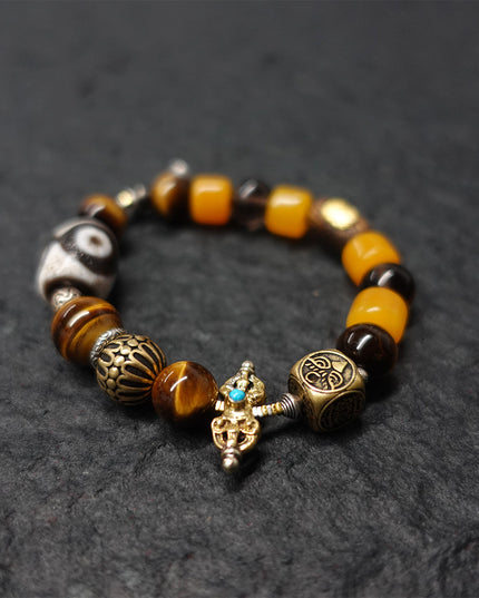 Protective Energy Three-Eyed Dzi Bead Bracelet Tibetan Vajra Silver Talisman