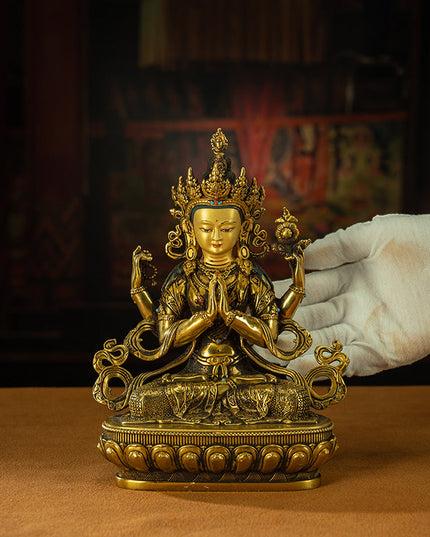 19th Century Four-armed Sadaksari Avalokitesvara Old Bronze Gilt Antigue Buddha Statue From Mindrolling Monastery