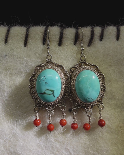 Sterling Silver Earrings with Turquoise & Red Agate