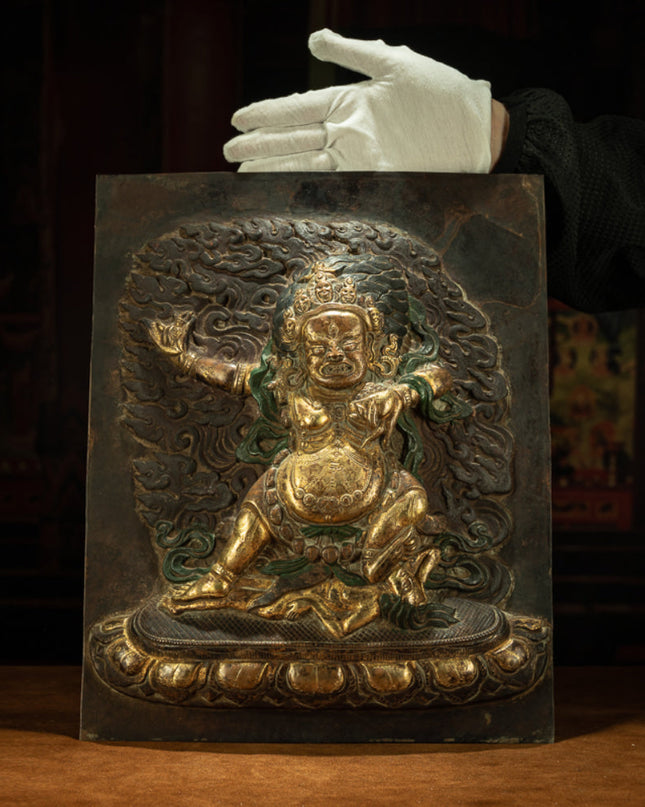Wrathful Guardian – 19th Century Gilt Copper Vajrapani Repoussé Wall Thangka