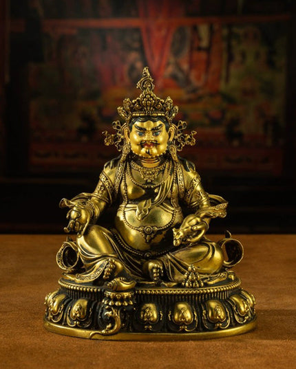 19th Century Yellow Jambhala Old Bronze Glit Antique Buddha Statue Sholdopal
