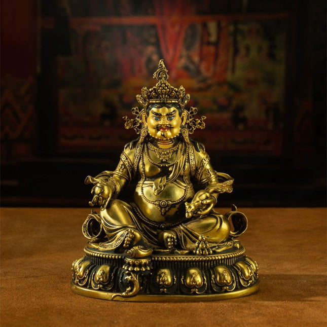 19th Century Yellow Jambhala Old Bronze Glit Antique Buddha Statue Sholdopal