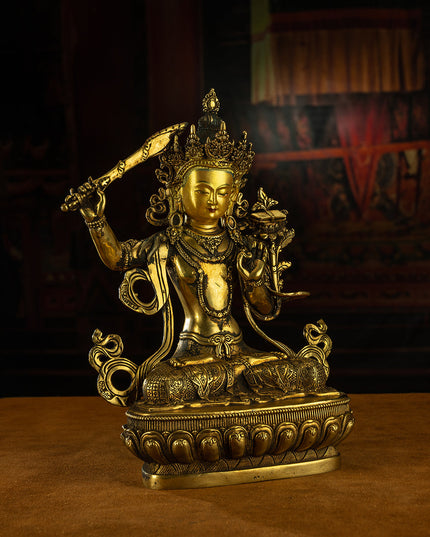 19th Century Manjusri Bodhisattva Tibet Antique Buddha Statue Yellow Lima gilt bronze Sera Monastery