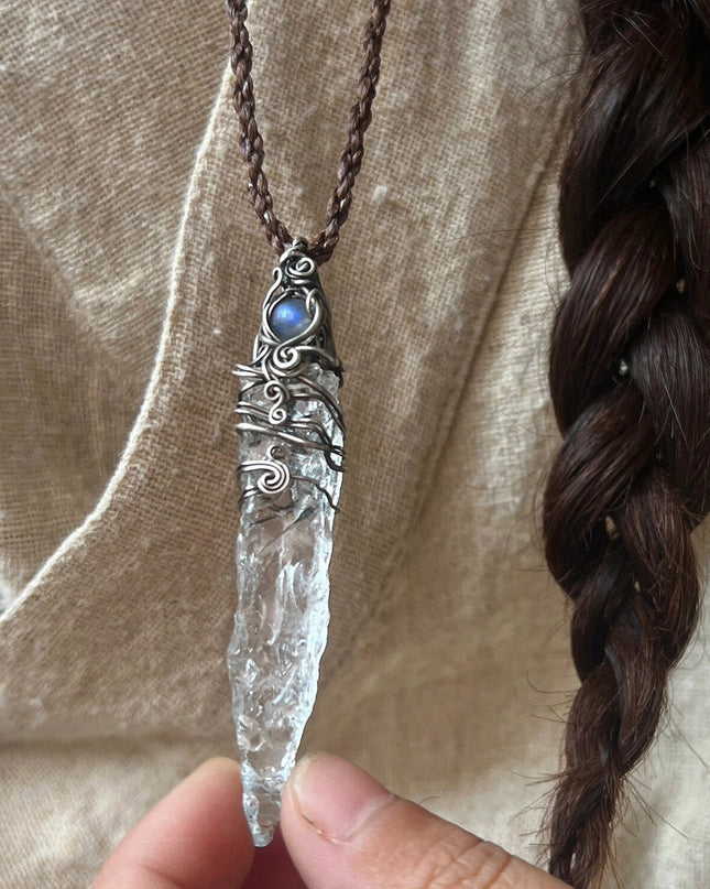 Tibetan Energy Protection White Quartz Crystal Sterling Silver Jewelry Handmade