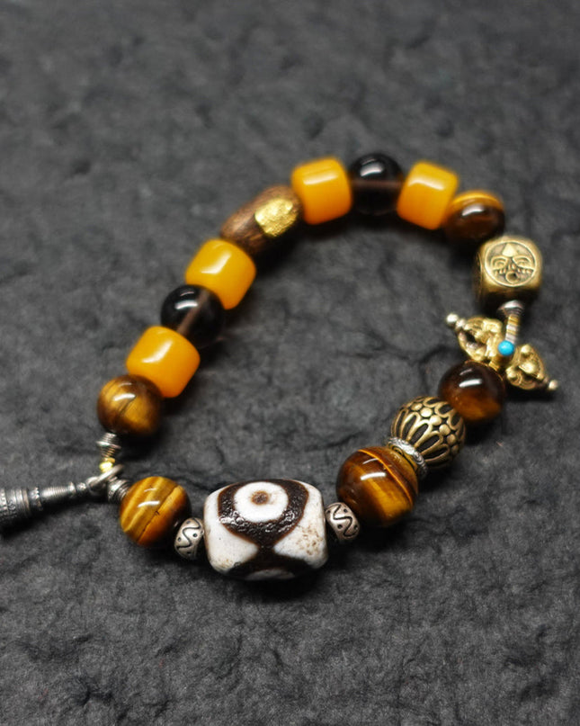 Protective Energy Three-Eyed Dzi Bead Bracelet Tibetan Vajra Silver Talisman