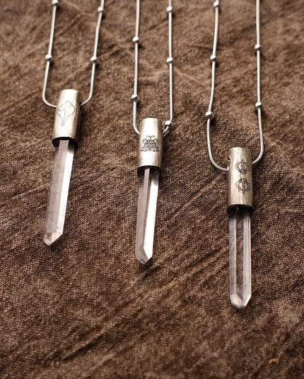 Eight Blessings from Tibet Spiritual Amulet Pendant in Sterling Silver & Crystal Quartz