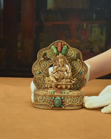 17th Century Yellow Jambhala Tibetan Antique Buddha Statue Lima Copper Filigree Inlaid Gems From Samye Monastery