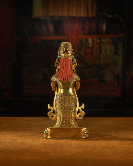 19th Century Zashi Lhamo Dharmapala God of Wealth Gilt Copper Painted Tibetan Buddha Statue From Sera Monastery
