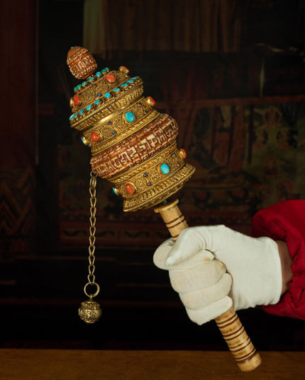 Qing Dynasty Prayer Wheel Tibetan ritual instrument gilt filigree inlaid with gems