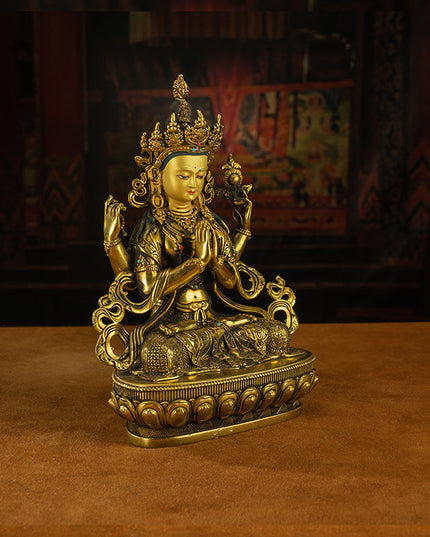 19th Century Four-armed Sadaksari Avalokitesvara Old Bronze Gilt Antigue Buddha Statue From Mindrolling Monastery