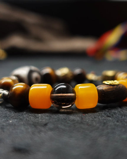 Protective Energy Three-Eyed Dzi Bead Bracelet Tibetan Vajra Silver Talisman